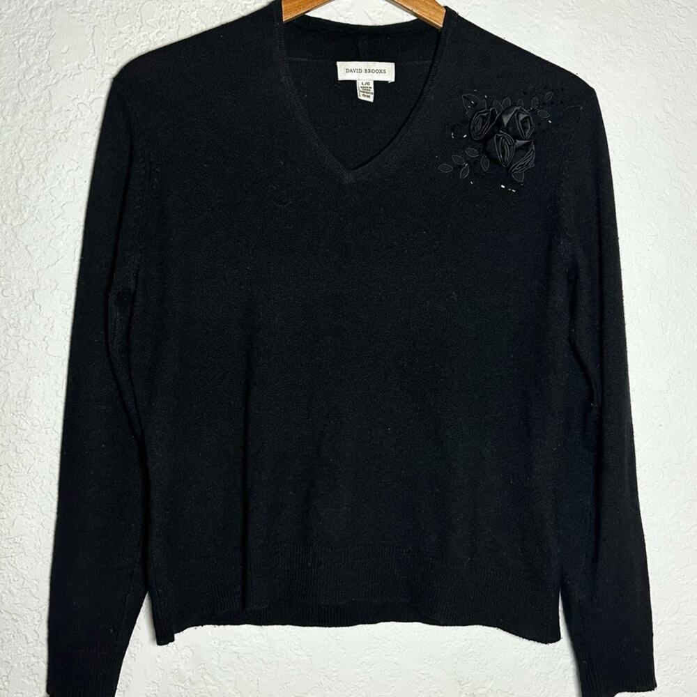 Vintage David Brooks Black Silk Cashmere Sweater V Neck 3D Floral Rosettes